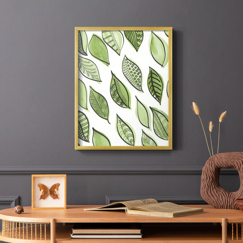 Reproduction encadrée de motifs de feuilles à motif IV - bois massif, Or, H 28 po x l 22 po