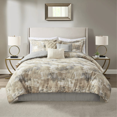 Édredon très grand - mélange de coton texturé gris, taupe, rembourrage crème et jupe de lit 7 pièces