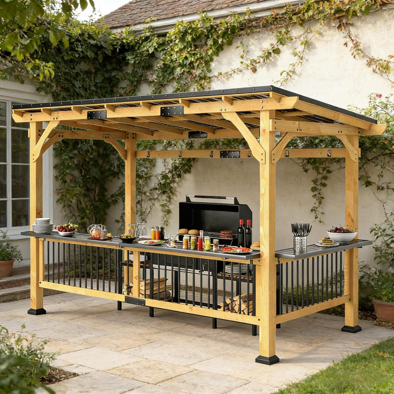 Pavillon de jardin extérieur à toit rigide, pavillon de barbecue en bois