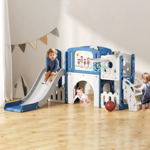 9 In 1 L-shape Toddler Slide For Kids 1-3 Indoor Outdoor Playset with Drawing Board Basketball Hoop