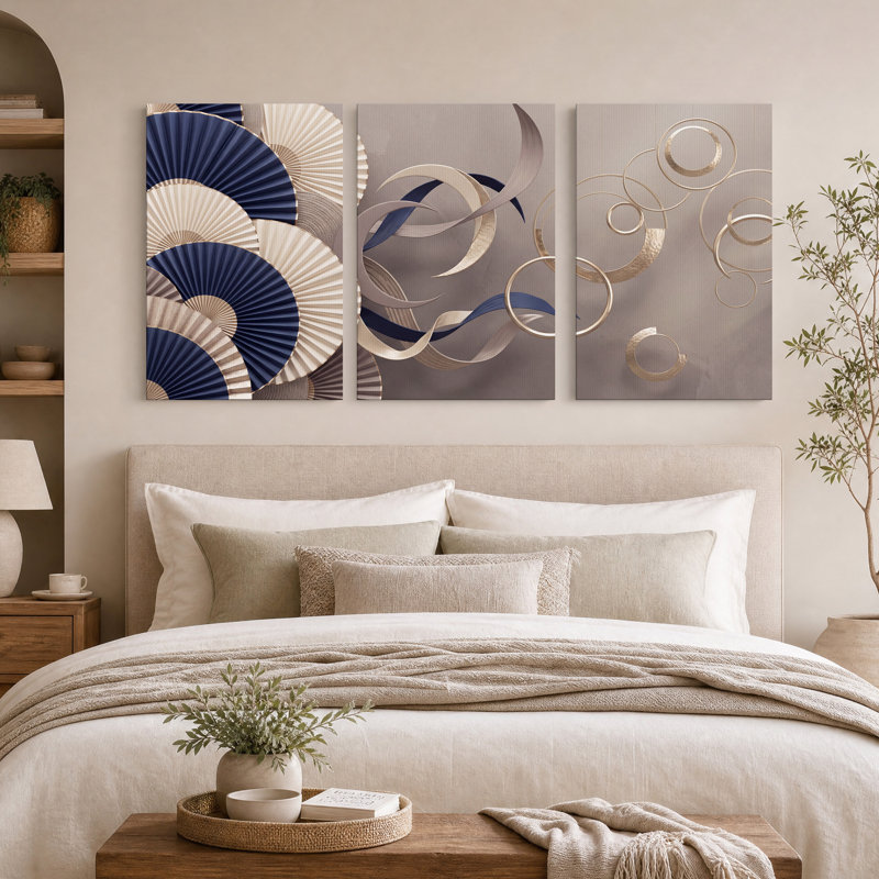 Ensemble de 3 toiles abstraites bleu marine et anneaux dorés, H 30 po x l 20 po x 3 pièces