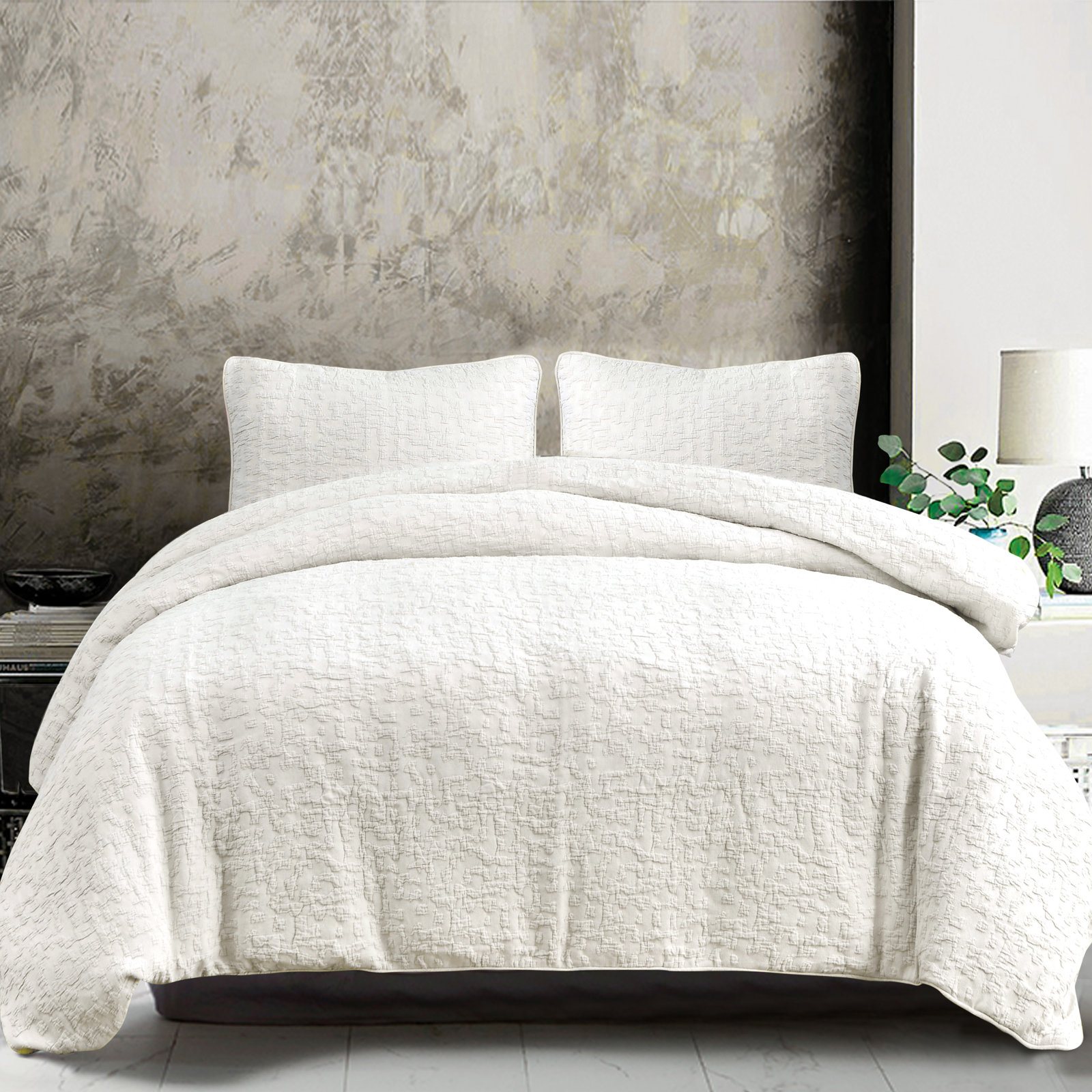 Bloomville Porto Matelassé Abstract Design Classic Chic 3 Piece Duvet Cover Set, Vintage White