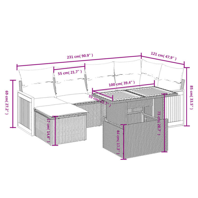Ensemble de canapé de jardin en rotin PE 7 places Vidaxl