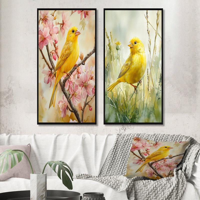 Oiseau canari dans les fleurs I - Collection d'art mural 2 panneaux animaux, H 28 po x l 25 po, Cadre flottant noir