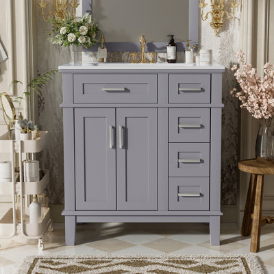 Meuble-lavabo de 30 po avec lavabo en céramique, armoire de rangement moderne avec portes à fermeture douce, tiroir profond et tiroir standard, meuble-lavabo élégant pour les petites salles de bain
