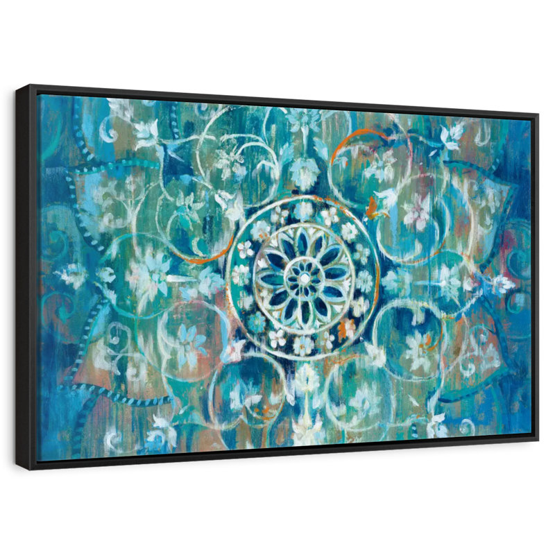 Mandala en bleu I, Cadre flottant noir, 31 po x 21 po
