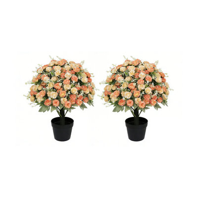 24-Inch Uv Resistant Artificial Rose Decoration, Lifelike Faux Floral Plants In Pots, Yellow, 2 Pots Per Set, Indoor Outdoor Decor