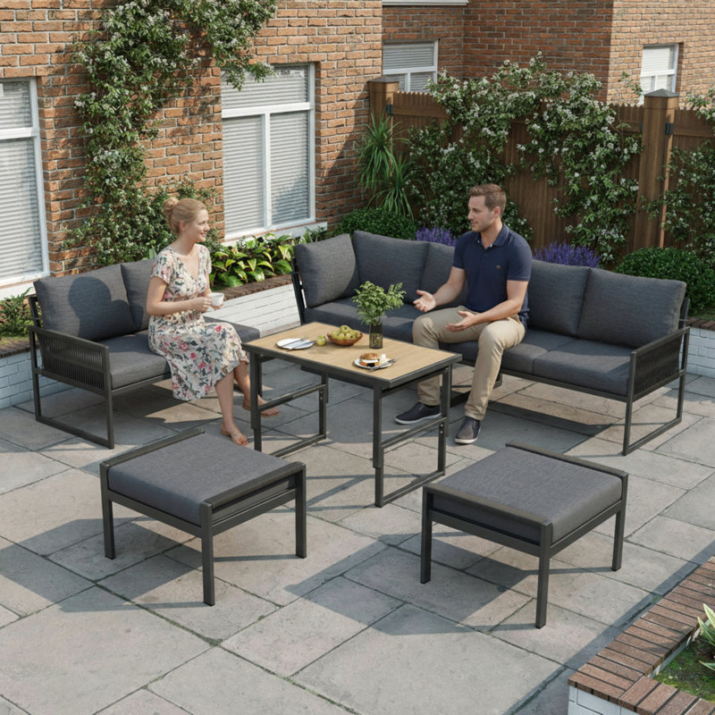 7-8 Seat Modular Outdoor Sofa Set With Adjustable Plastic Wood Table & Rope