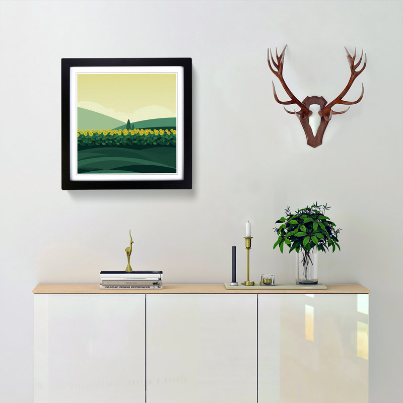 Sunflower Field Minimalism - Single Picture Frame Print on Wood, Black