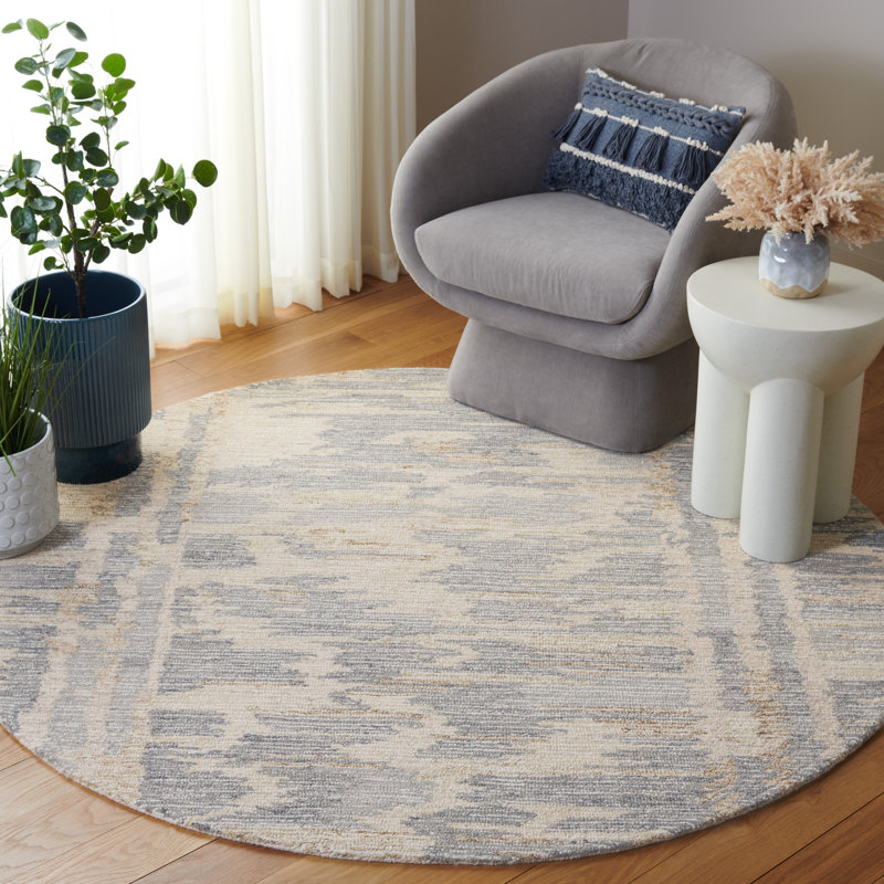 Tapis abstrait en laine / coton touffeté à la main en ivoire / gris, Rond 6 pi