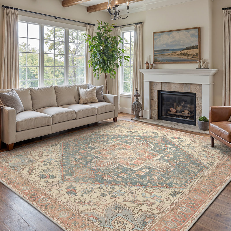 Tapis d'intérieur rose / beige performance lavable antidérapant Roehit, Bleu / Rose, Rectangle 8' H x 10' W