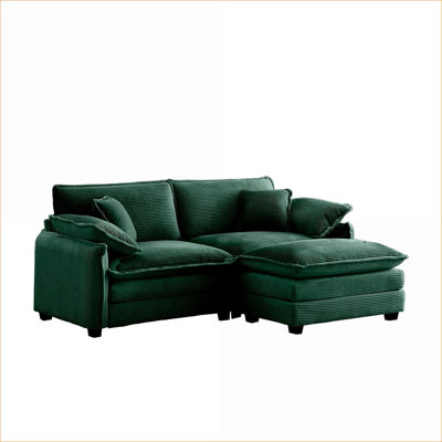 Sofas Retro Modern L-Shaped 2-Seater with Ottoman for Small Living Spaces Apartments Bedrooms | Green | Corduroy