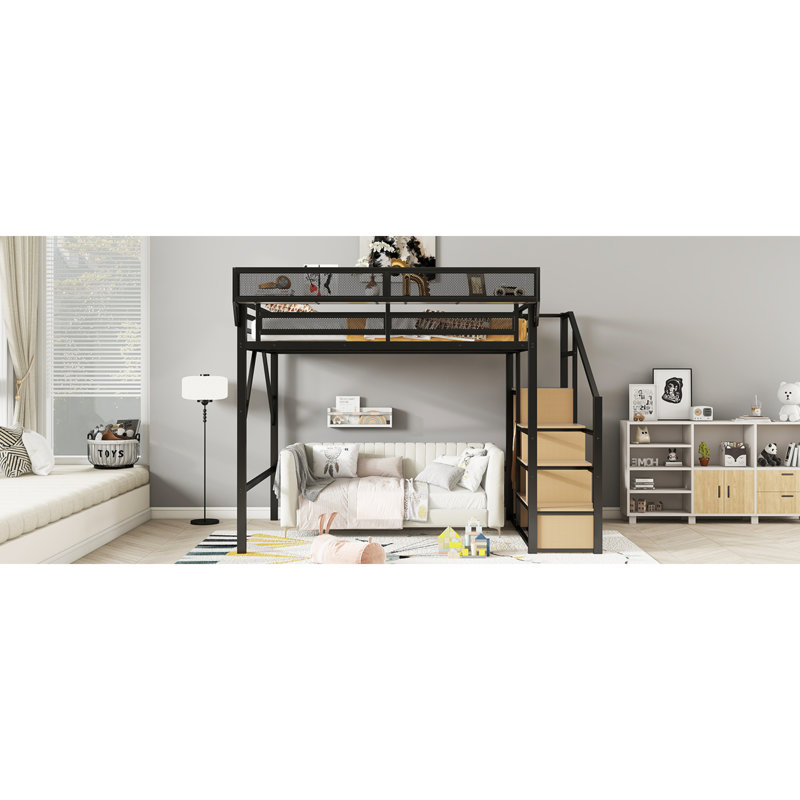 Lit mezzanine en métal peu encombrant avec rangement intégré de style moderne pour chambre d'enfant et d'adolescent, Queen