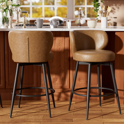 Bar Stools Set of 2, 26 Inch Barstools with Sturdy Legs, Brown Leather Farmhouse Swivel Counter Height Bar Stool for Kitchen, Dining, Bar