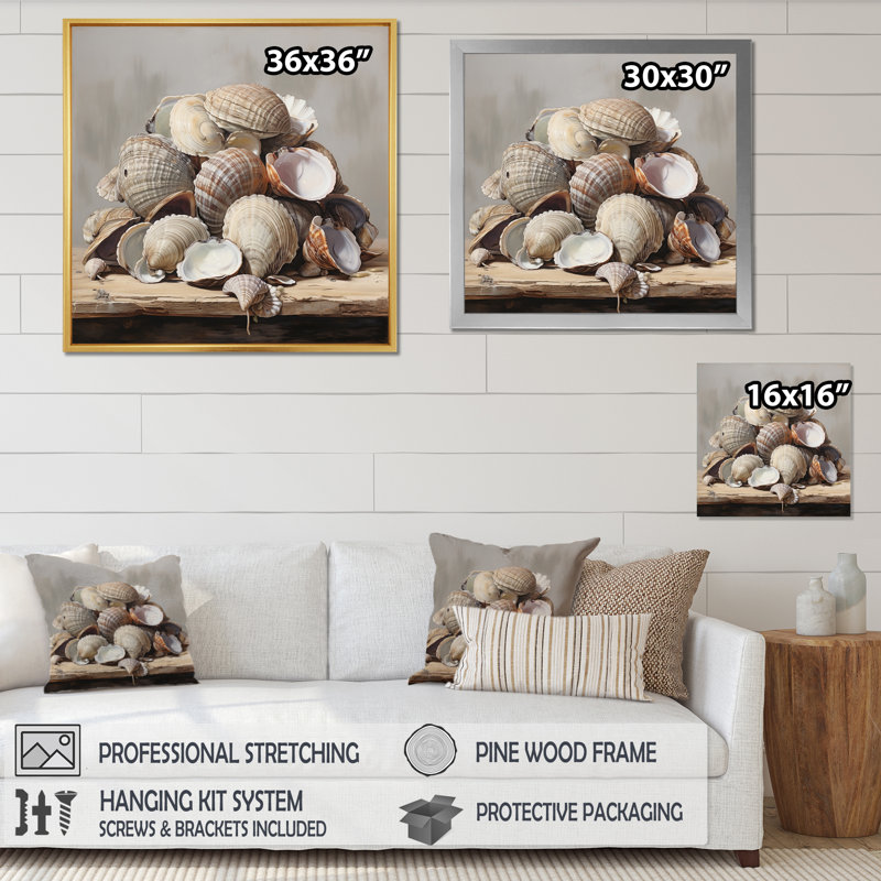 " Gray Clam Coastal Harmony I ", 36" H x 36" W x 1.5" D, Gold Floater Framed
