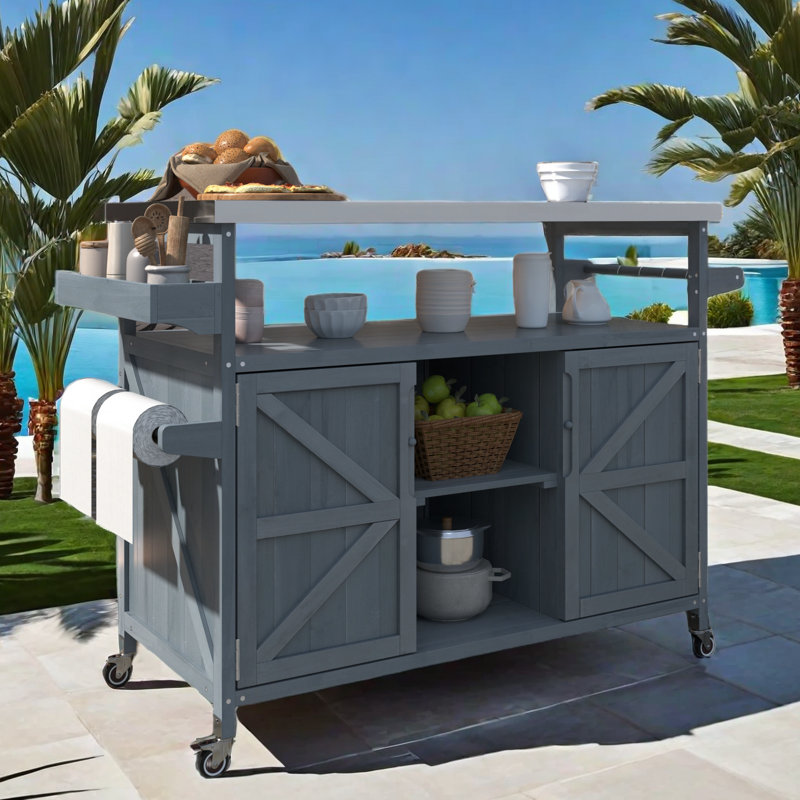 Îlot de cuisine d'extérieur avec plateau en acier inoxydable Leokadia, Bleu