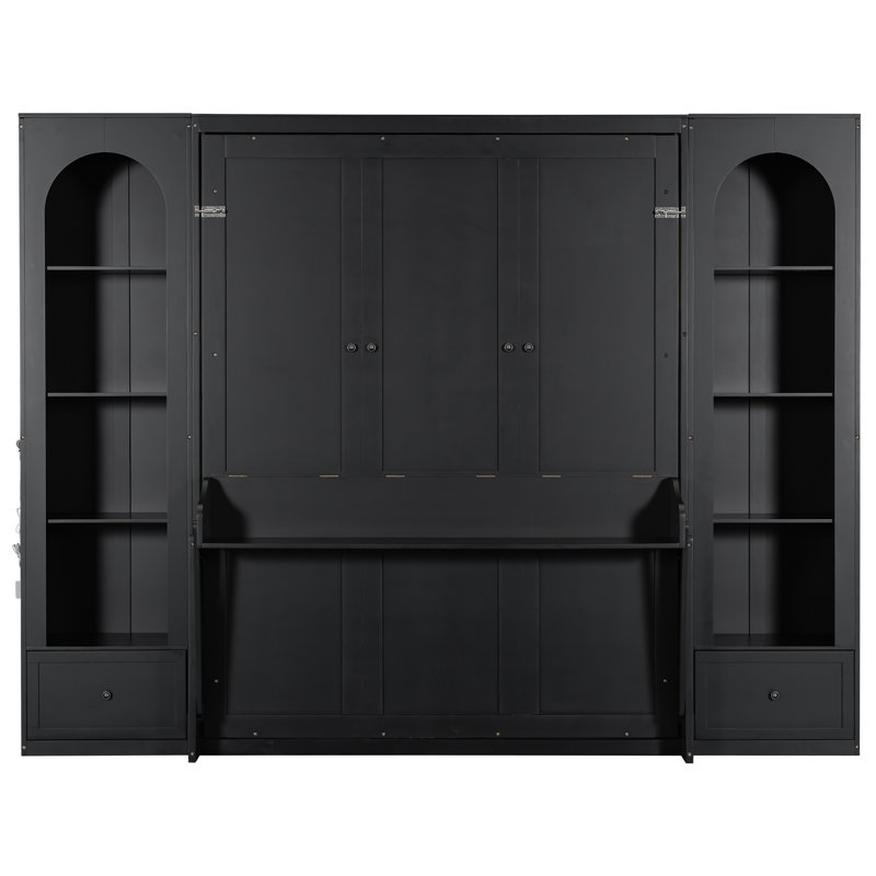 Grand lit plateforme escamotable avec tablettes, armoires latérales, tiroirs et éclairage DEL, noir
