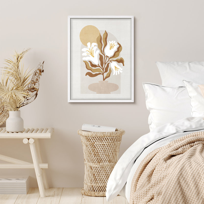 Mid-Century moderne abstrait floral dans un vase classique, illustrations rustiques, affiche encadrée, H 10 po x l 8 po