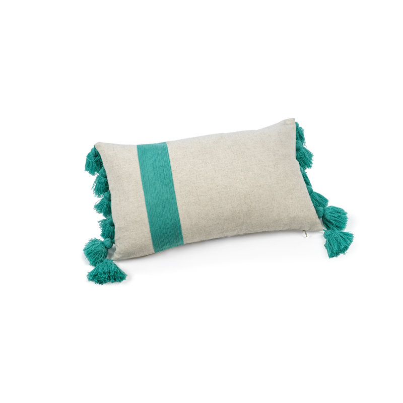 Turquoise Embroidered Rectangular Throw Pillow with Tassels