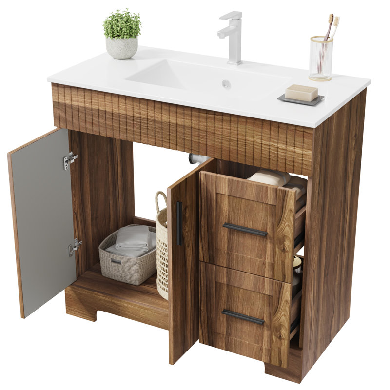 36" Single Bathroom Vanity With Ceramic Top And Faucet, Vanity With Drawers And 2 Doors Cabinet, Walnut