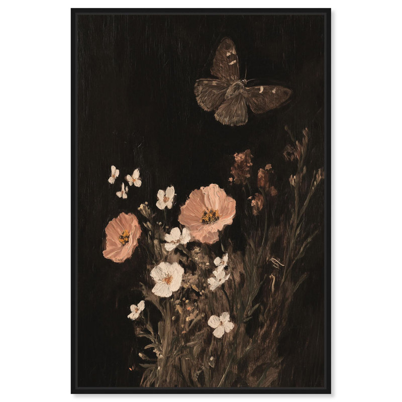 «Poppy and Moth I», décoration botanique sur toile par , Cadre flottant noir, H 16 po x l 11 po
