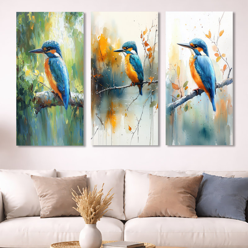 Décoration murale en métal à 3 panneaux Kingfishers by the Farm Stream I, H 32 po x l 48 po