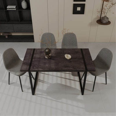 59" MDF black wooden dining table and modern dining chair set of 4 pieces, medieval wooden kitchen dining table set, black rectangular metal base, din