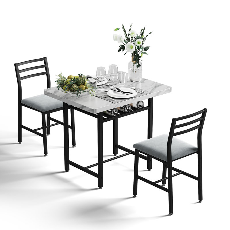 3-Piece Dining Table Set With Faux Marble Tabletop, Under-The Table Storage And Cushioned Chairs For Small Space, Minimalist Dining Set For Kitchen, Home Bar And Patio