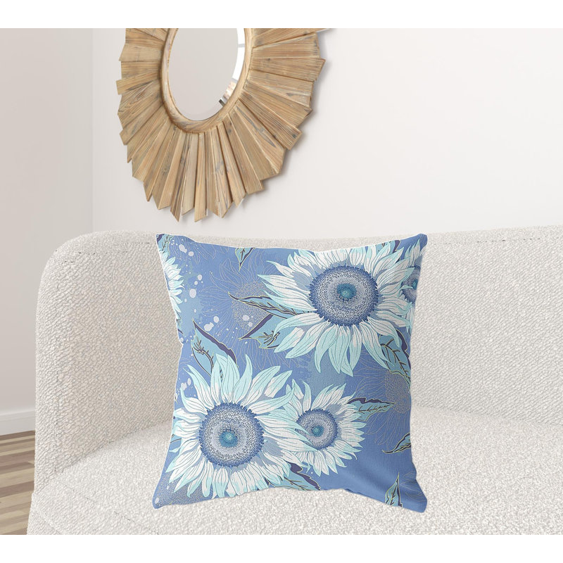 Coussin 26 po x 26 po, Motif floral bleu / blanc