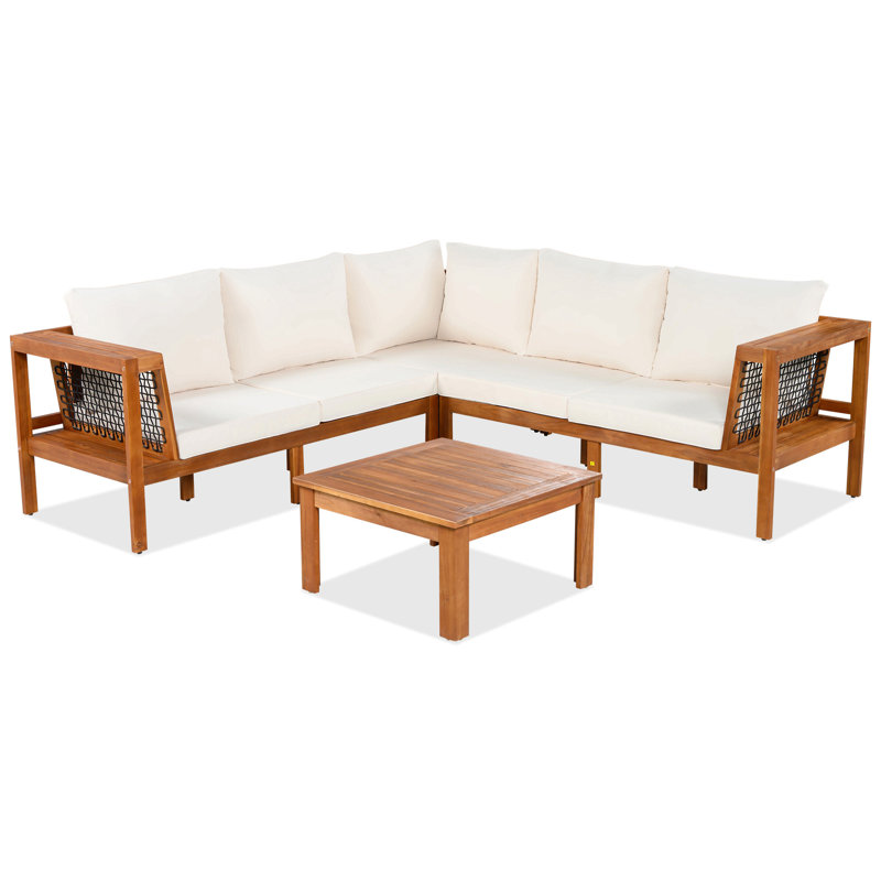 4 Pieces Outdoor Acacia Wood Sofa Set, Woven Mesh Armrests, L-Shaped Patio Furniture Sofa Set With Coffee Table, Outdoor Conversation Set With Cushions And Side Table