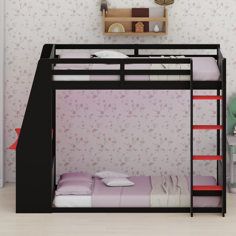 Lit superposé multifonctionnel avec poste de travail, rangement, prises USB et lumières DEL, Noir et rouge