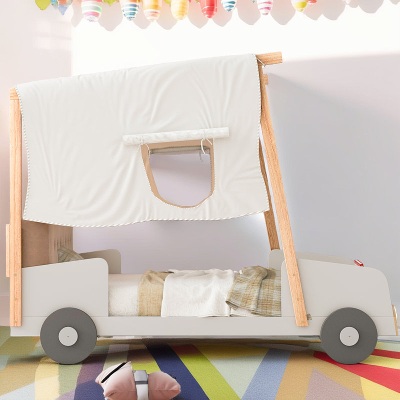Ceiling Cloth Kids Upholstered Headboard Car Bed With Car Light shape LED, Twin