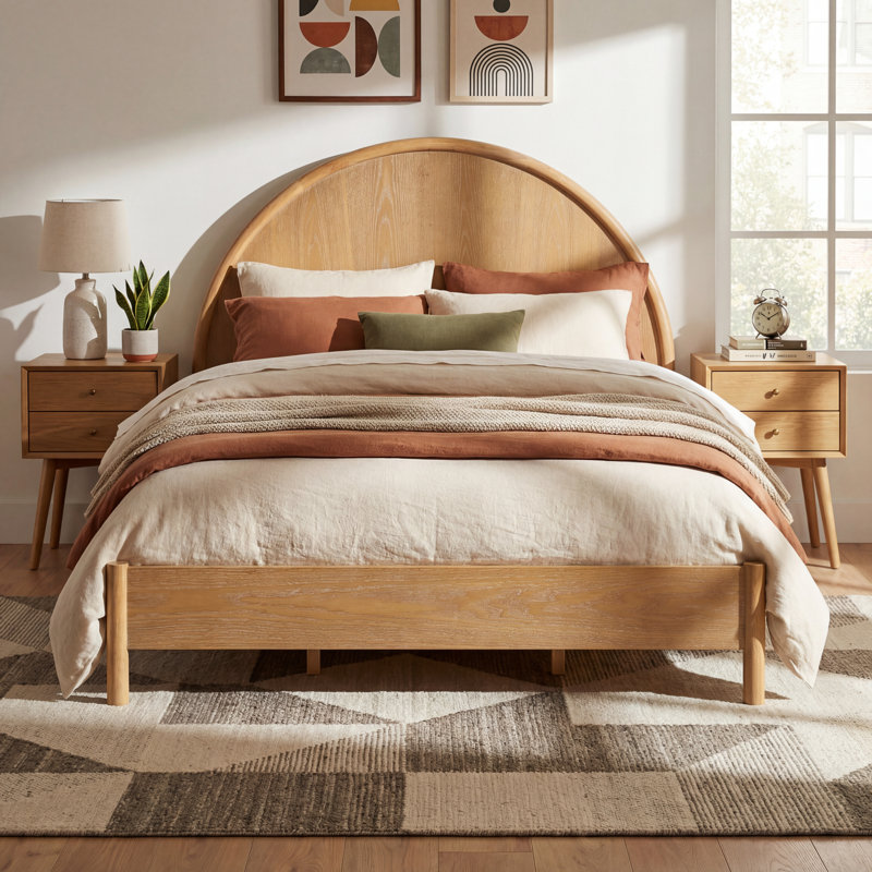 Modern Scandinavian Platform Bed with Curved Headboard, No Box Spring Needed, Queen, Natural