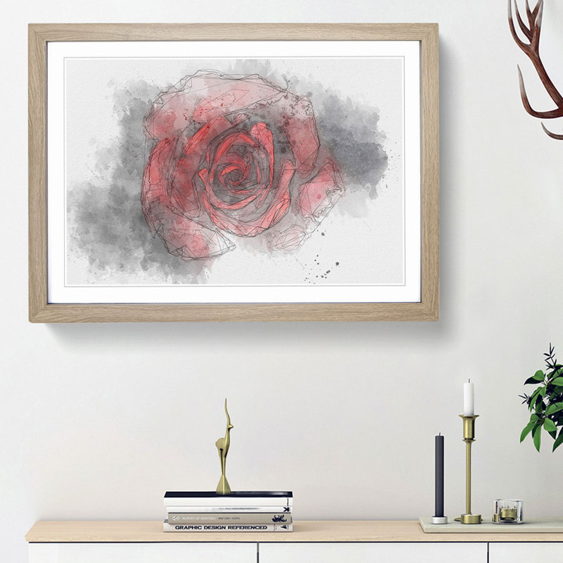 Red Rose in the Shadows in Abstract - Picture Frame Graphic Art Print, 27cm H x 36cm W x 2cm D, Oak Framed