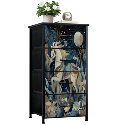 Commode pour la chambre à coucher avec 4 tiroirs de rangement Élégante commode blanche cheval de nuit avec étoiles de lune, étoiles de lune, or et fleurs bleues Commode à tiroirs en tissu avec cadre en acier pour vestibule