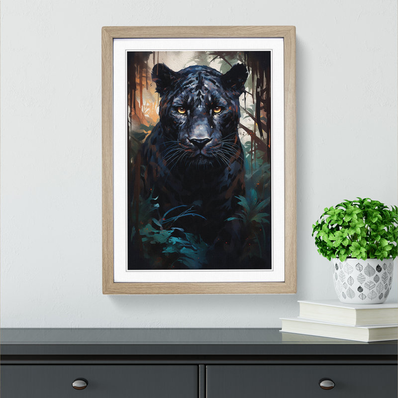 Panther Conceptual - Single Picture Frame Print on Wood, Oak Framed, 64cm H x 46cm W x 2" D