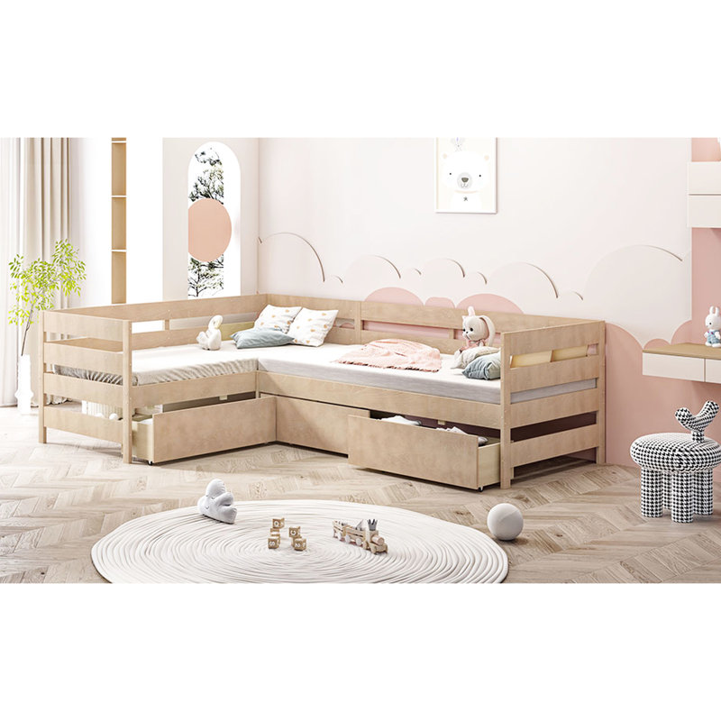 Lit simple avec rangement - en forme de L pour une utilisation efficace dans la chambre à coucher avec 3 tiroirs de style moderne