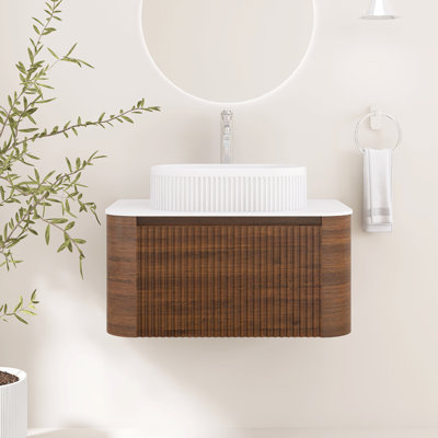 30 Inch Wall-Mounted Fluted Bathroom Vanity with Ceramic Vessel Sink, Drawer & Towel Rack