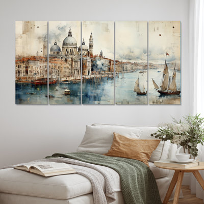 «Venice Distant Memories Journal Collage II», art mural sur toile Venise - 5 panneaux égaux