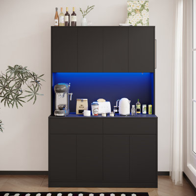 Armoire de rangement pour garde-manger de 71 po de hauteur avec prise de courant et lumière DEL, grande armoire de cuisine avec 2 tiroirs et 8 portes