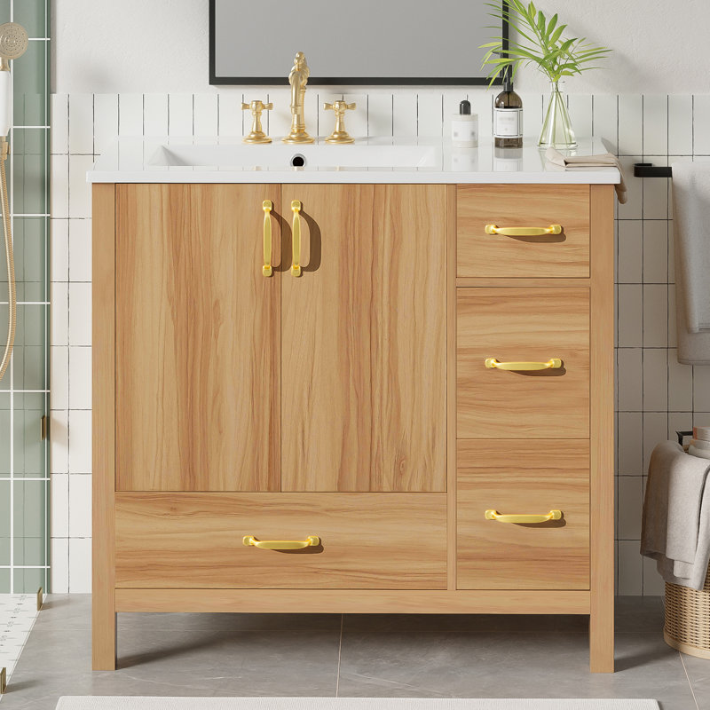 Meuble-lavabo simple 36 po avec plateau en céramique, 2 portes à fermeture douce et 4 tiroirs à fermeture douce