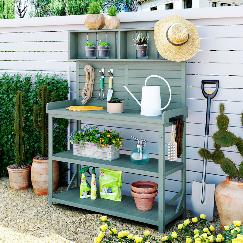 Pradyoth 65" H Fir Wood Potting Bench with 4 Storage Shelves & Side Hook, Green