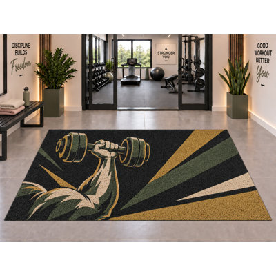 Tapis d'extérieur 5' x 7' à motif haltère à un bras, couleur crème, olive, moutarde et noir, style rétro Rays, tapis bouclé en PVC imperméable et épais, séchage rapide, idéal pour l'intérieur et l'extérieur, parfait pour le conditionnement physique, le porche, la terrasse ou l'entrée.