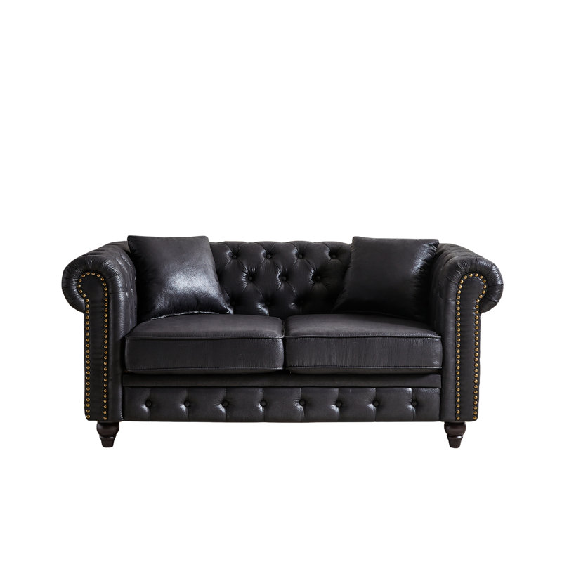 Canapé de 161 cm (63,5 po) avec revêtement en tissu technique, boutons décoratifs, accoudoirs arrondis, 2 coussins et un cadre en bois massif orné de clous décoratifs, idéal pour le salon.