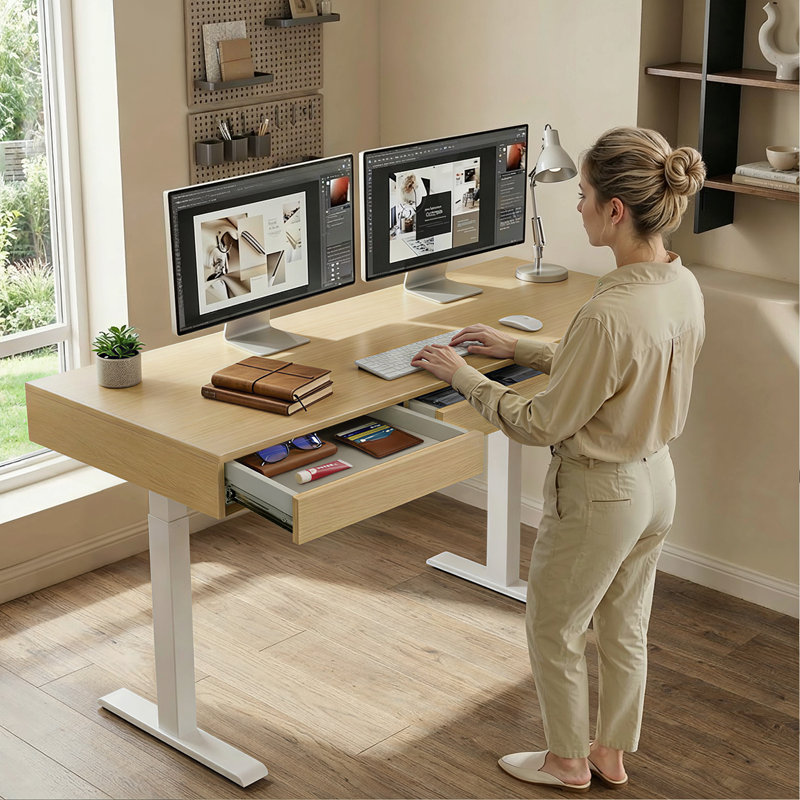 Electric Height-adjustable Desk & Chair Set, 3-drawer Height-adjustable Desk & Ergonomic Office Chair,  Beige/White
