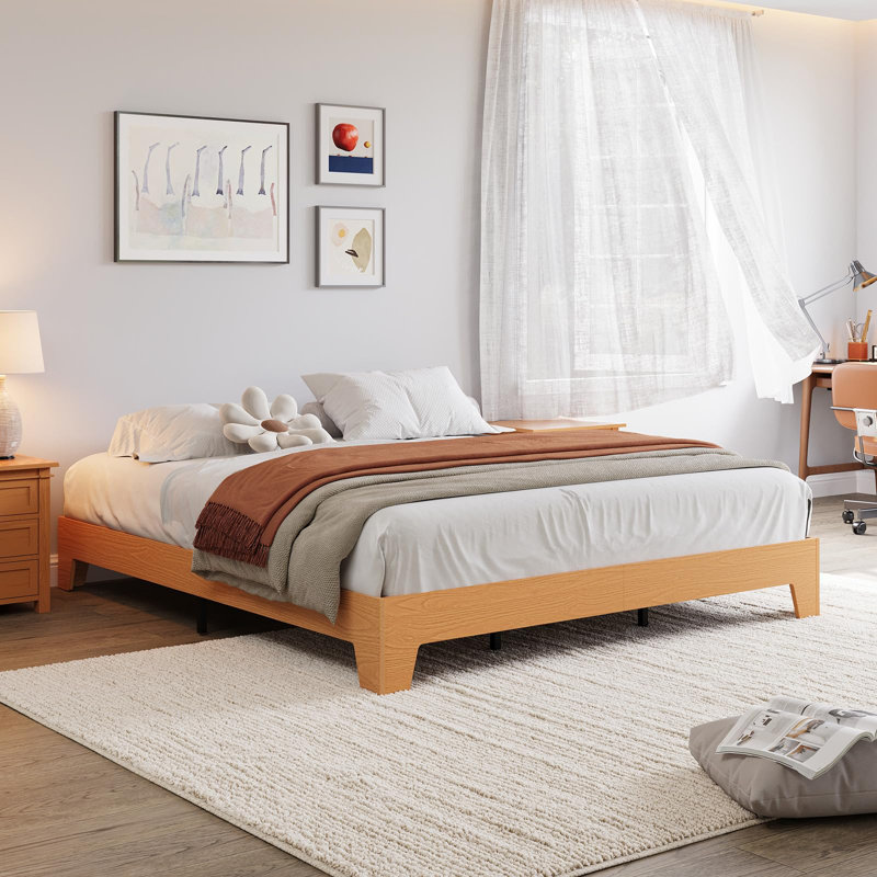 Base de lit plateforme en bois, lit minimaliste avec support en lattes de bois, espace de rangement sous le lit, Pin