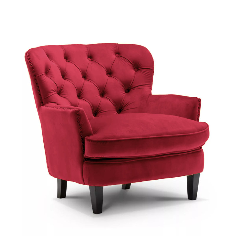 Higgenbotham Velvet Wingback Accent Chair with Button-Tufted Back and Nailhead Trim, Raspberry Red Velvet