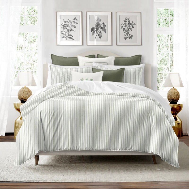 Pacific Stripe Reversible Cotton Duvet Cover Set, Sweet Grass, Queen Duvet Cover + 2 Queen Shams