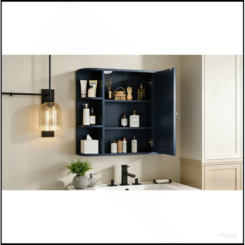 Bathroom Wall Storage Cabinet With Mirror, Medicine Cabinet With Adjustable Wood Shelf & Doors, Mounted Storage Cabinets With 6 Open Shelves, Blue