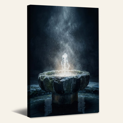 Dark Stone Fountain With Glowing Water Spray Canvas Wall Art